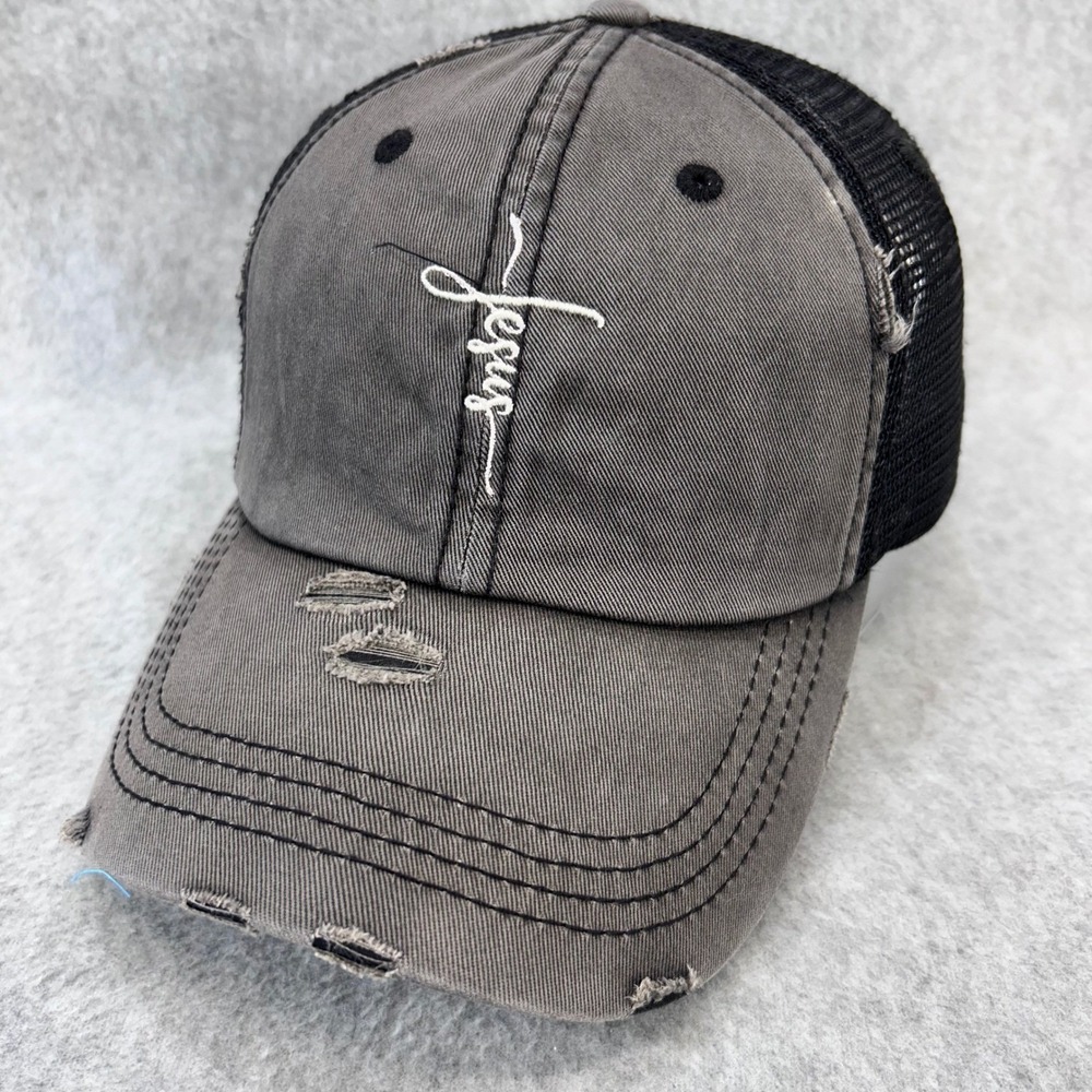 Jesus Cross Women Gray Kbethos Trucker Hat Distressed Ponytail One Size
